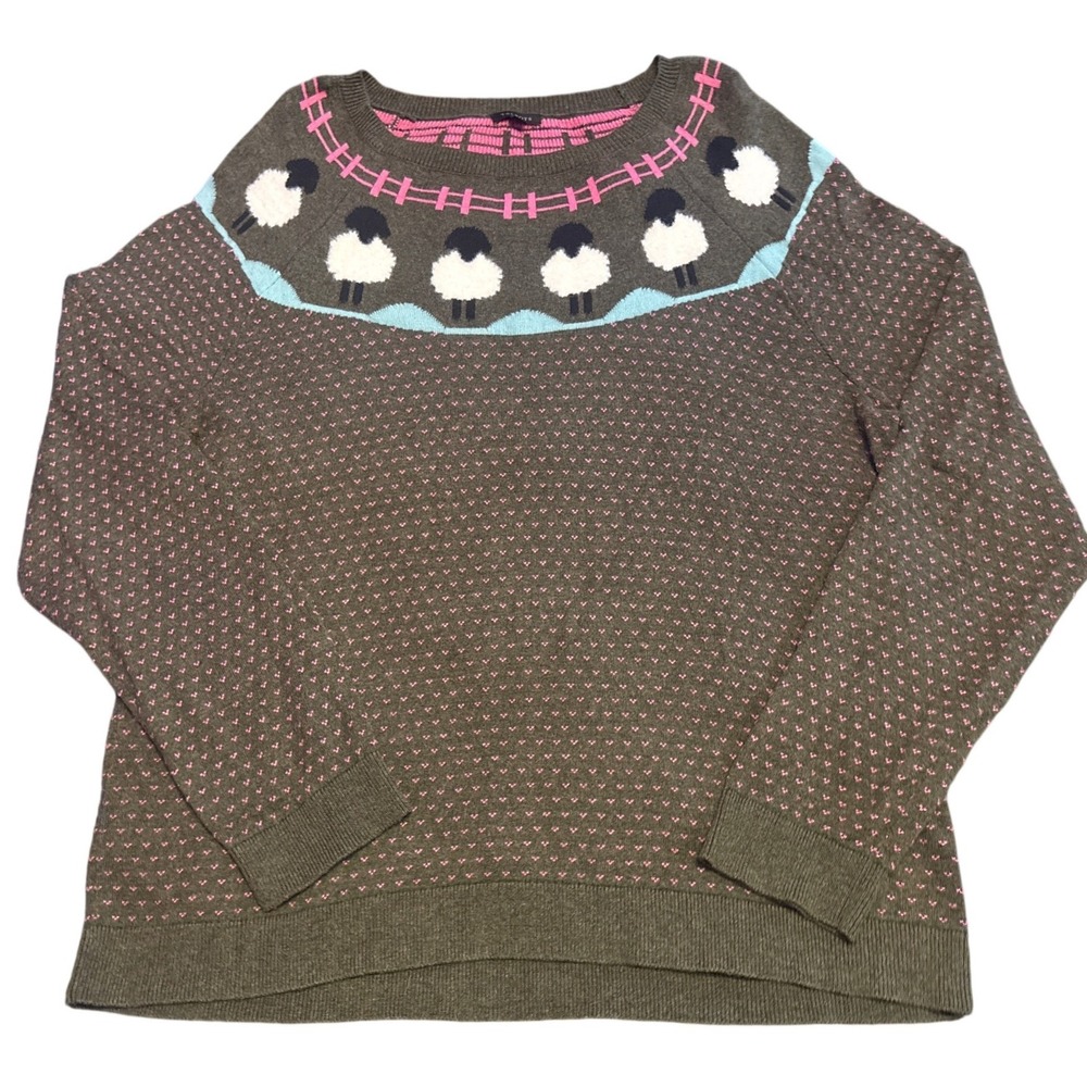 Talbots Womens Brown Pink Fair Isle Sheep Novelty Sweater Size XL